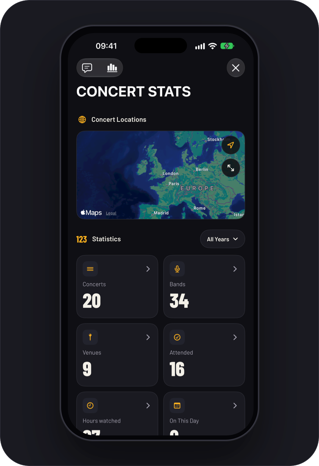 Concert stats with a map of concert locations